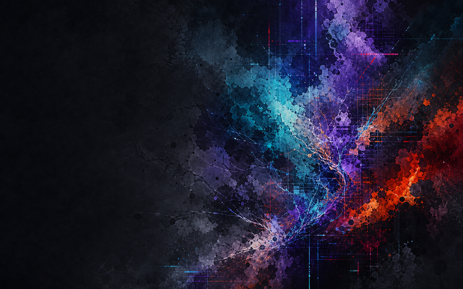 Abstract cyber-organic watercolor forms in teal, violet, and blue